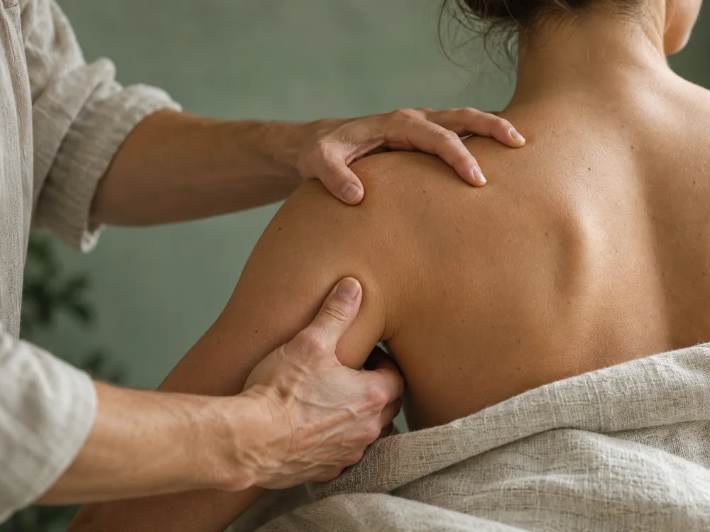 Physiotherapist treating a shoulder