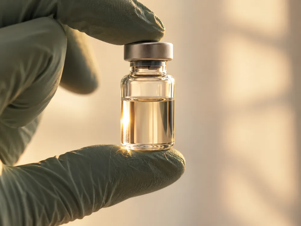 A gloved hand holding a small glass vial to the light