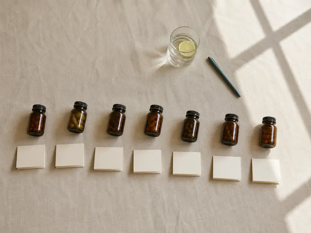 Seven supplement bottles laid out on linen