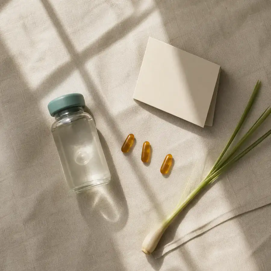 IV bottle, capsules and lemongrass on linen