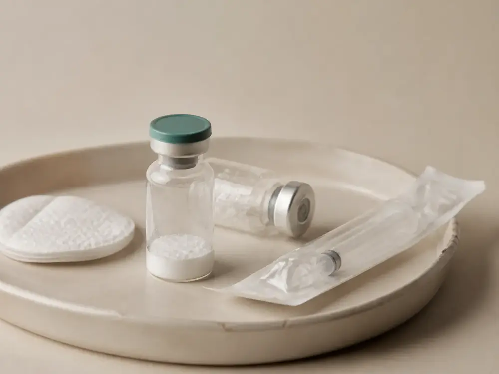 Peptide vials on a ceramic tray