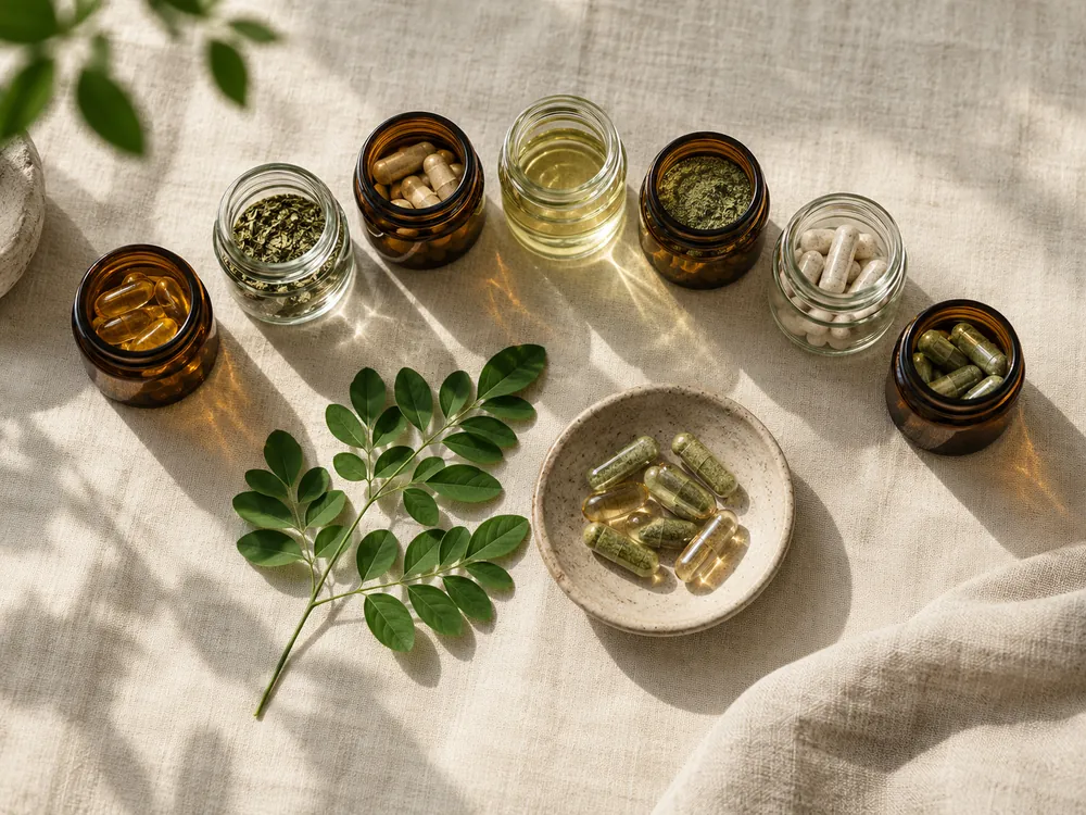 Apothecary jars, capsules and moringa on linen