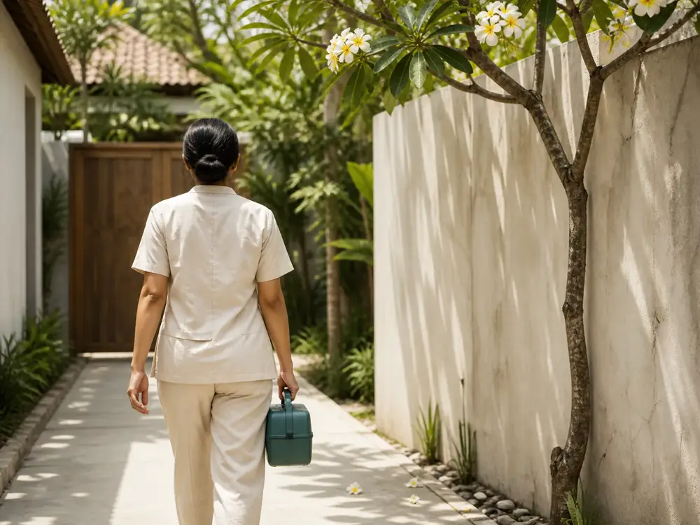 Nurse walking to a villa gate with a teal case