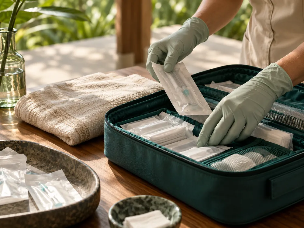 Gloved hands unpacking a teal medical case on a villa table